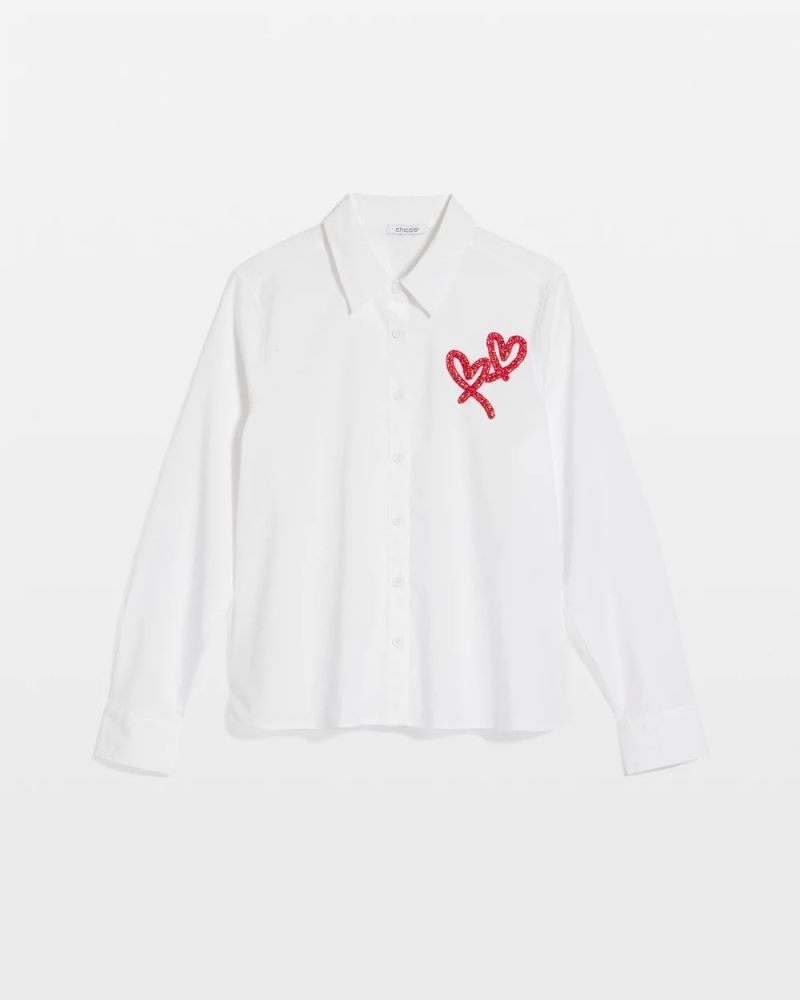 Chicos Crystal Heart Poplin Shirt - ALABASTER