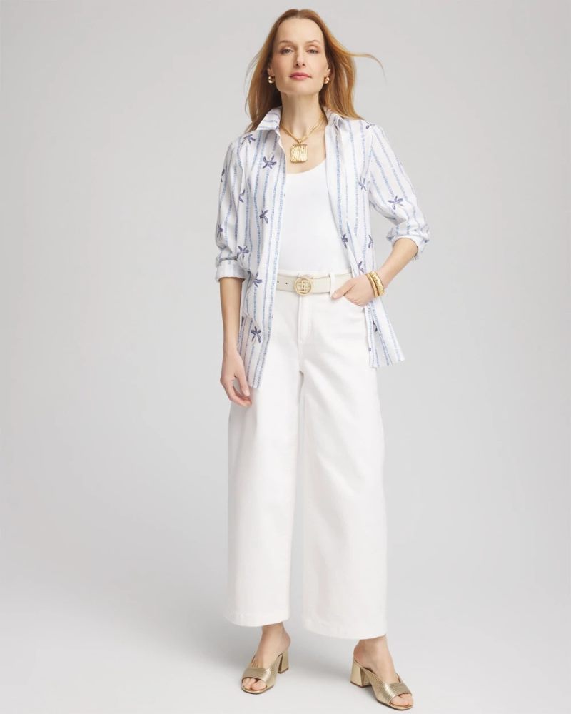 Chicos No Iron Palm Striped Sateen Shirt - BLUE CASA