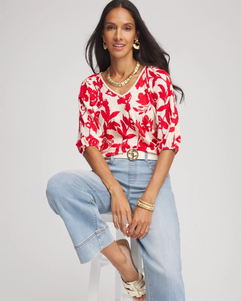 Chicos Floral Braided Linen Top - RED GLOW
