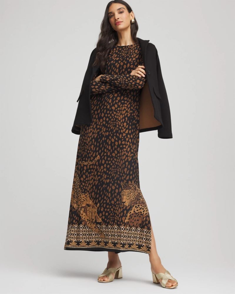 Chicos Cheetah-Print Boatneck Column Dress - BLACK