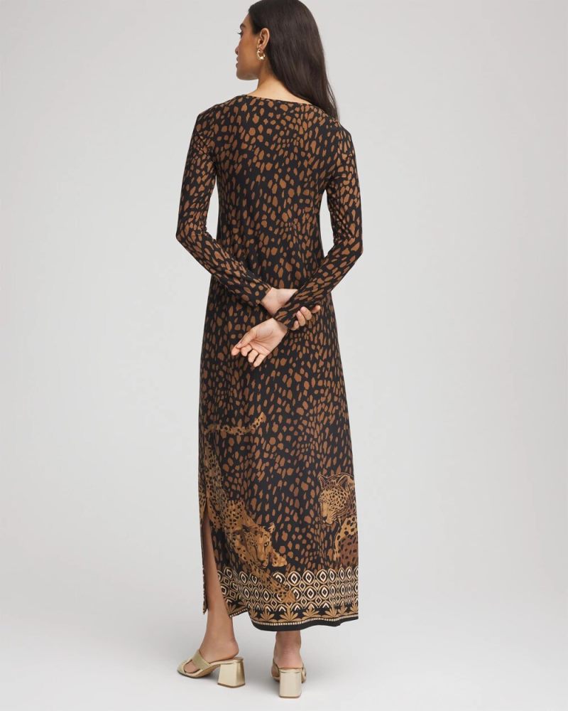 Chicos Cheetah-Print Boatneck Column Dress - BLACK