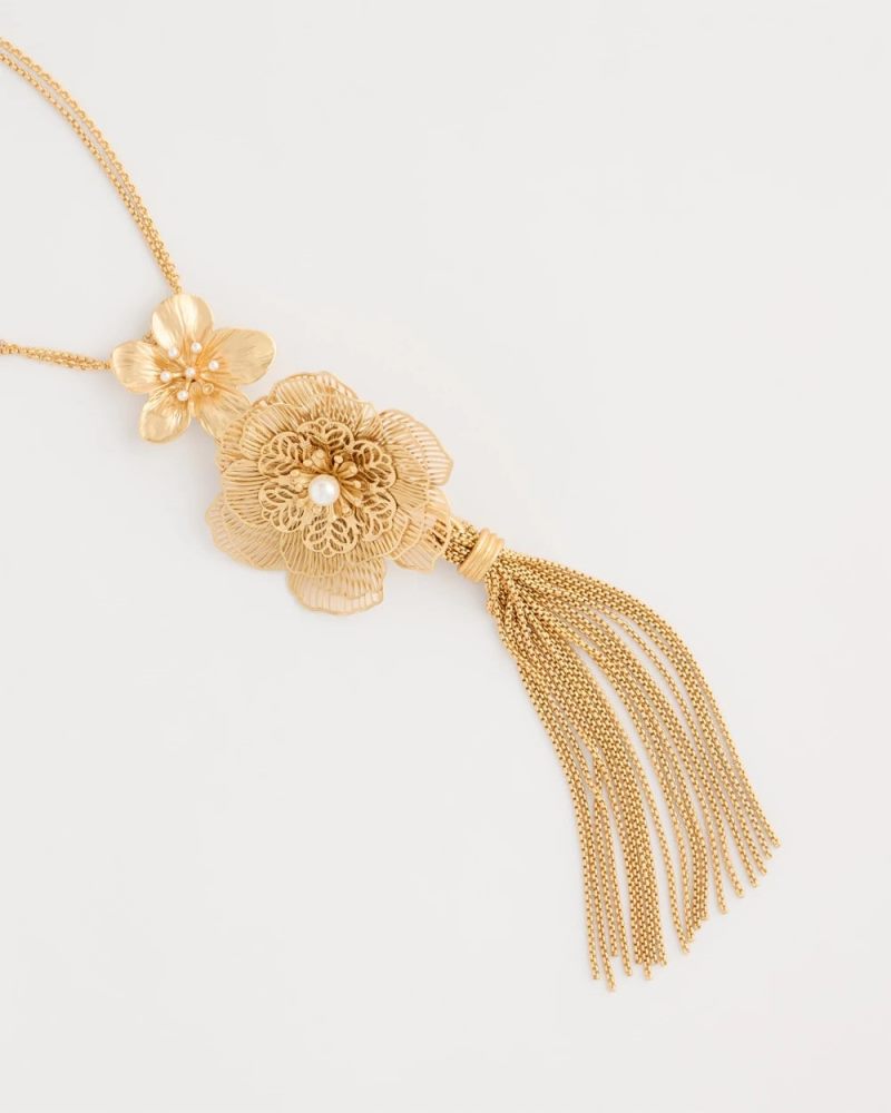 Chicos Filigree Flower Tassel Necklace - GOLD