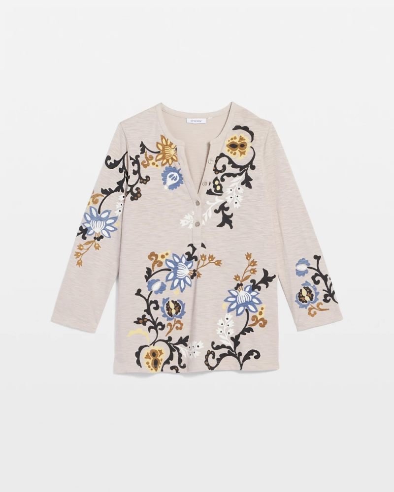 Chicos Paisley Cotton-Slub Splitneck Henley - SMOKEY TAUPE