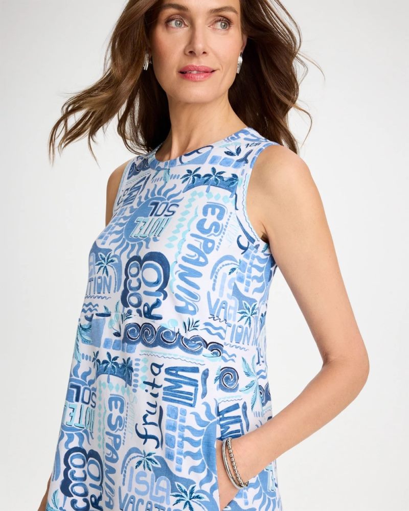 Chicos Soft-Stretch Sleeveless Tropical Dress - PASSPORT BLUE