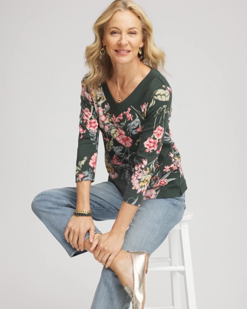 Chicos Pima 3/4 Sleeve Tee - DARKEST SPRUCE