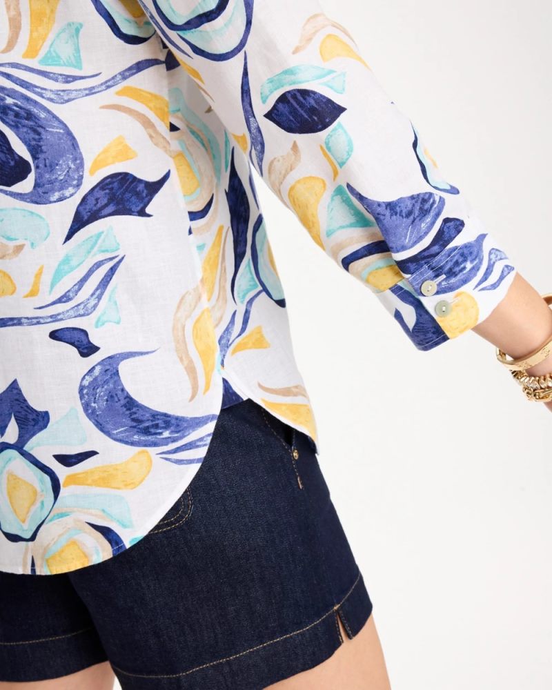 Chicos No Iron Linen Handpainted Print Shirt - PASSPORT BLUE