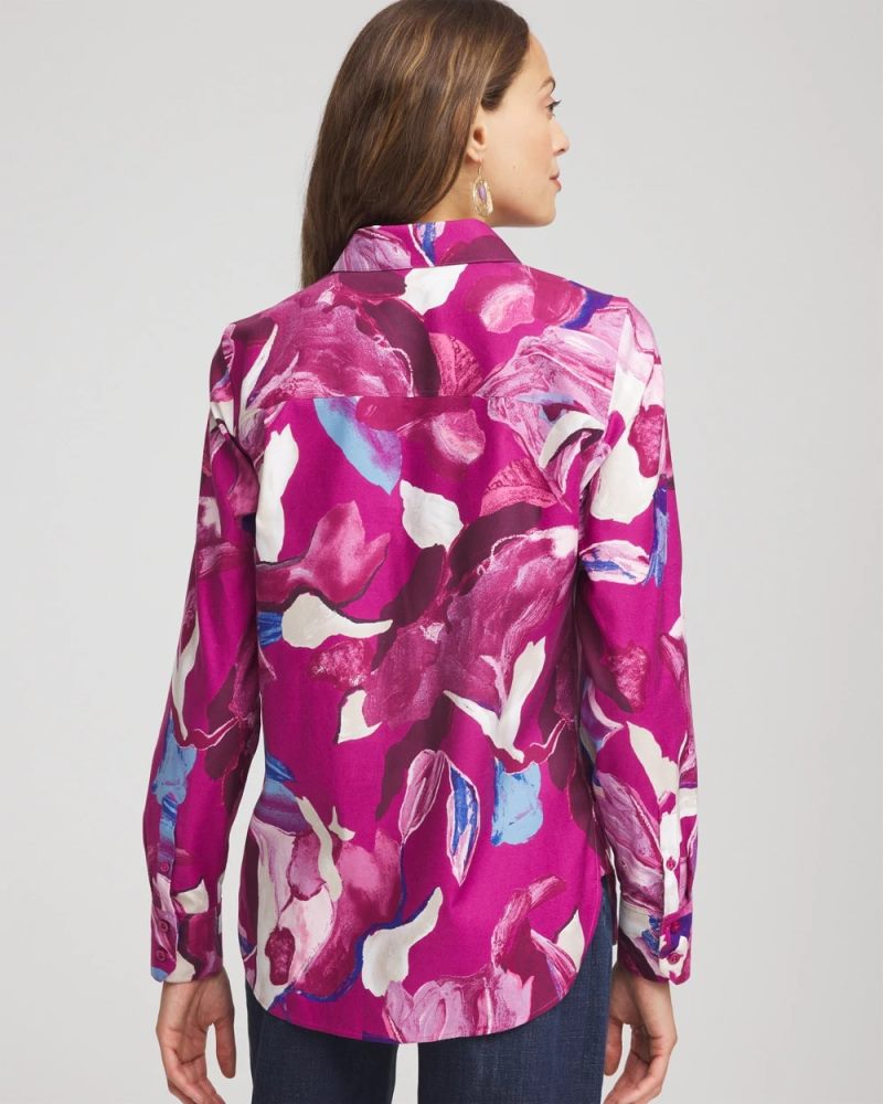 Chicos No Iron Floral-Paint-Print Shirt - COBALT STONE