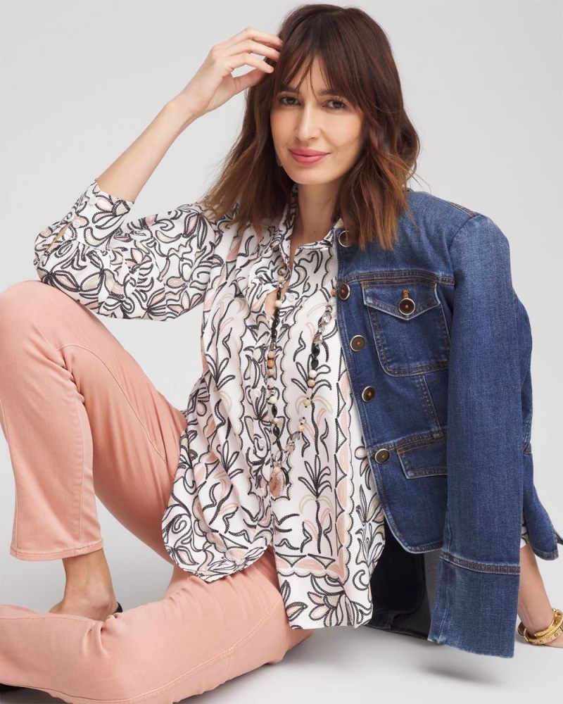 Chicos Faux Silk Floral Collared Shirt - FRENCH BLUSH