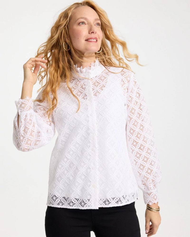 Chicos Lace Ruffle Neck Blouse - ALABASTER