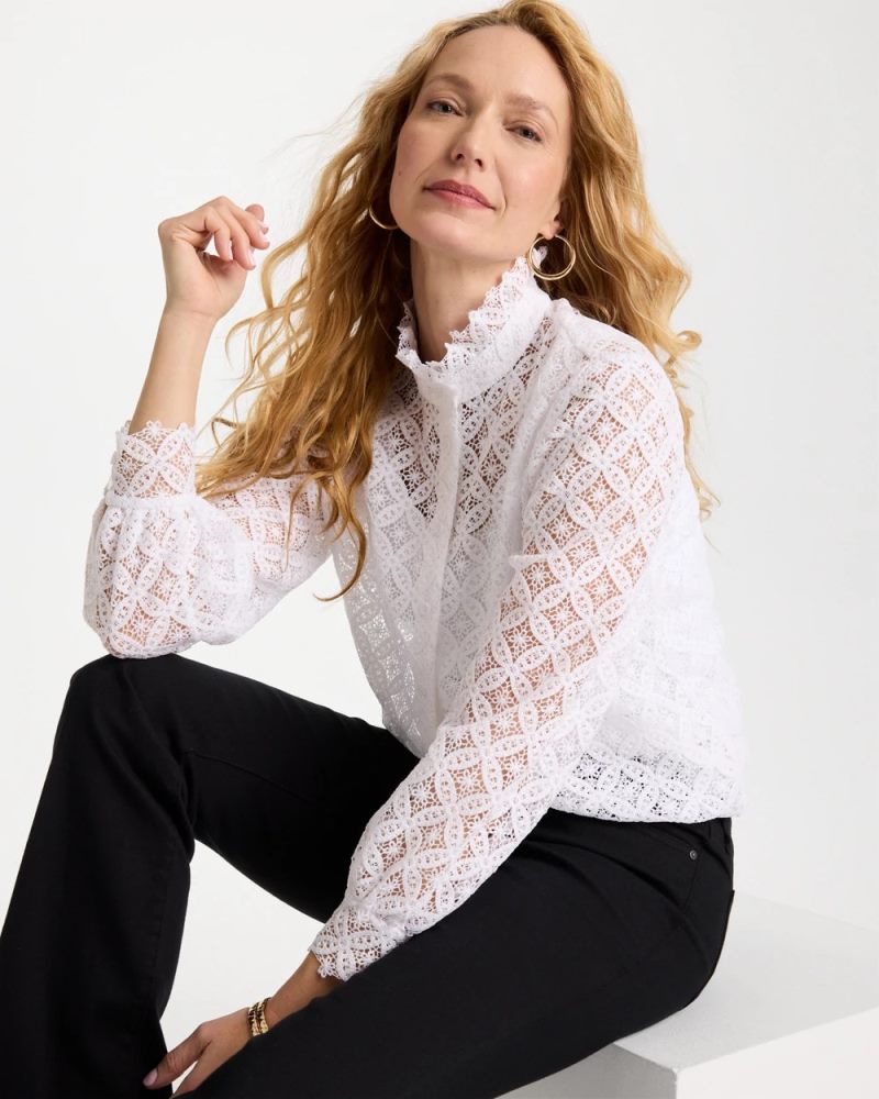 Chicos Lace Ruffle Neck Blouse - ALABASTER