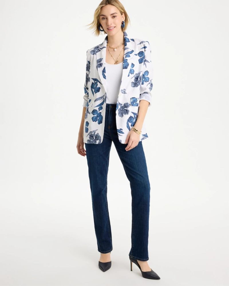 Chicos Linen Printed Piped Boyfriend Blazer - ALABASTER