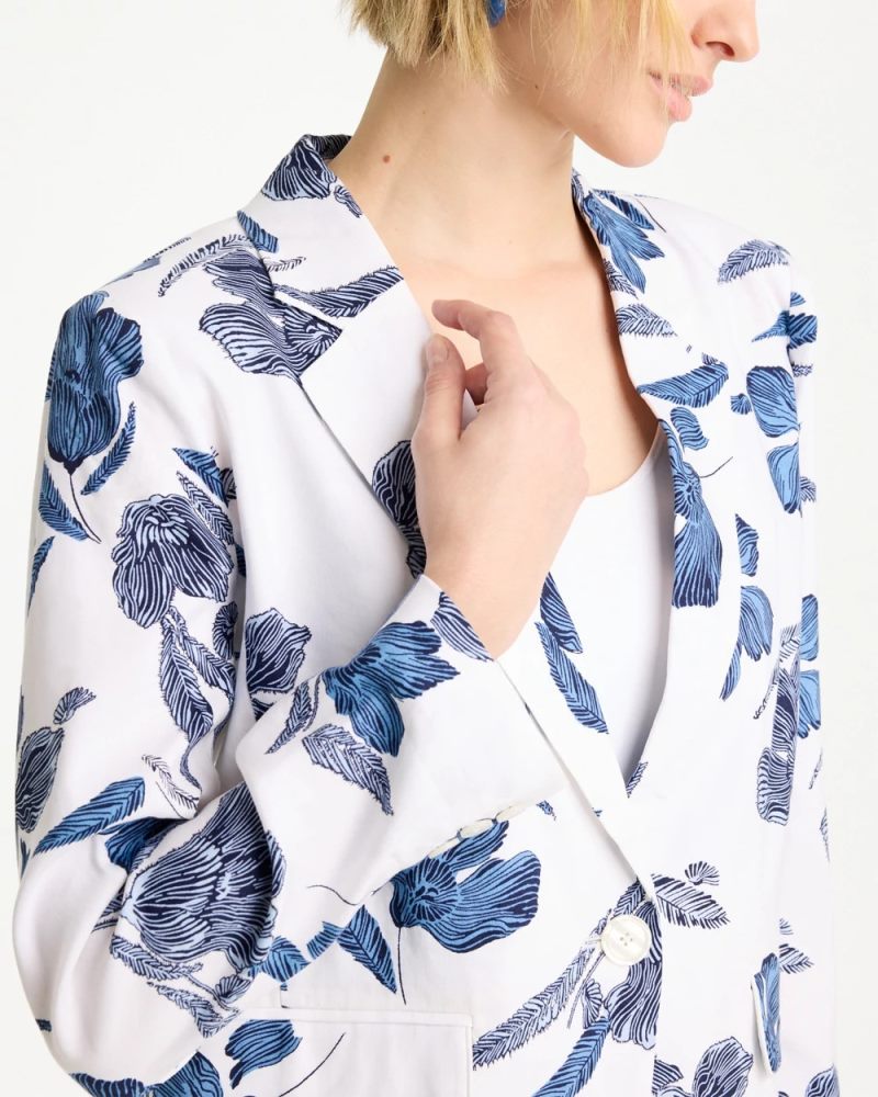 Chicos Linen Printed Piped Boyfriend Blazer - ALABASTER