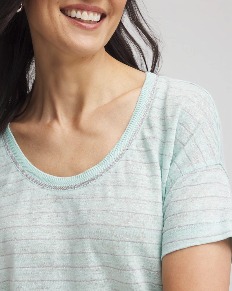 Chicos Striped Sweater-Trim Linen Tee - TEAL WATERS