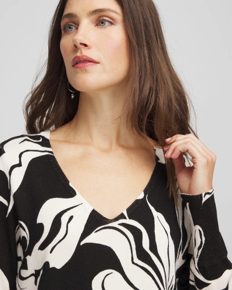 Chicos Ella Printed V-Neck Sweater - BLACK