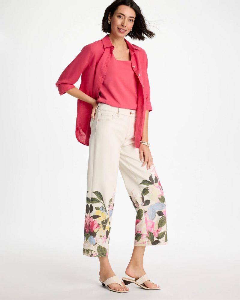 Chicos Printed Pull-On Wide Crop Jeans - SEA SALT