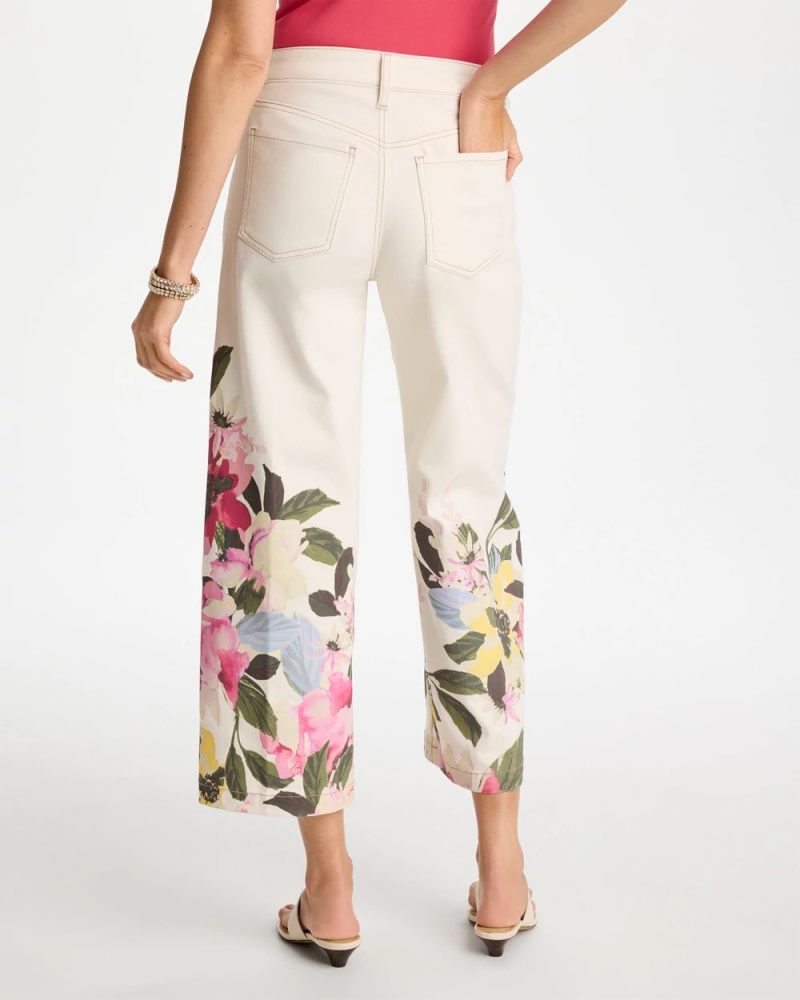 Chicos Printed Pull-On Wide Crop Jeans - SEA SALT