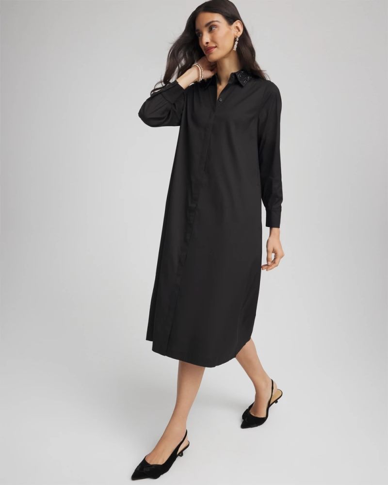 Chicos Sequin Collar Midi Shirtdress - BLACK