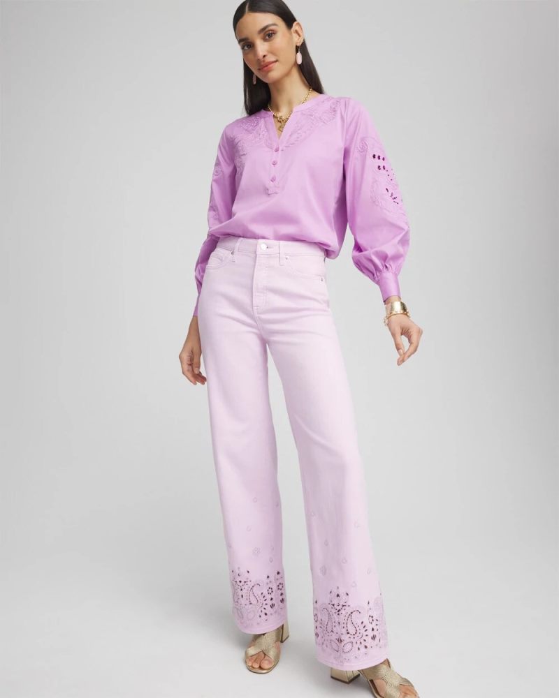 Chicos Embroidered Poplin Splitneck Shirt - LAVENDER SKIES