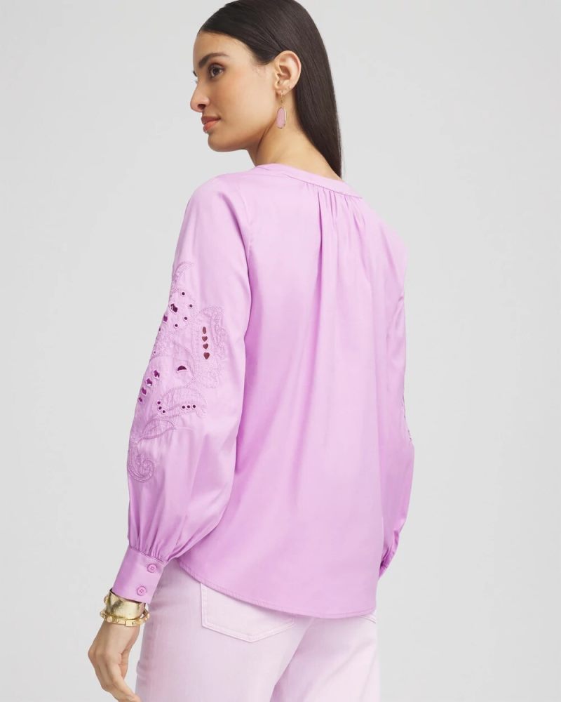 Chicos Embroidered Poplin Splitneck Shirt - LAVENDER SKIES
