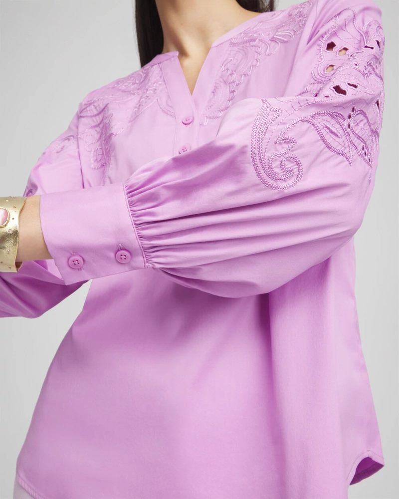 Chicos Embroidered Poplin Splitneck Shirt - LAVENDER SKIES