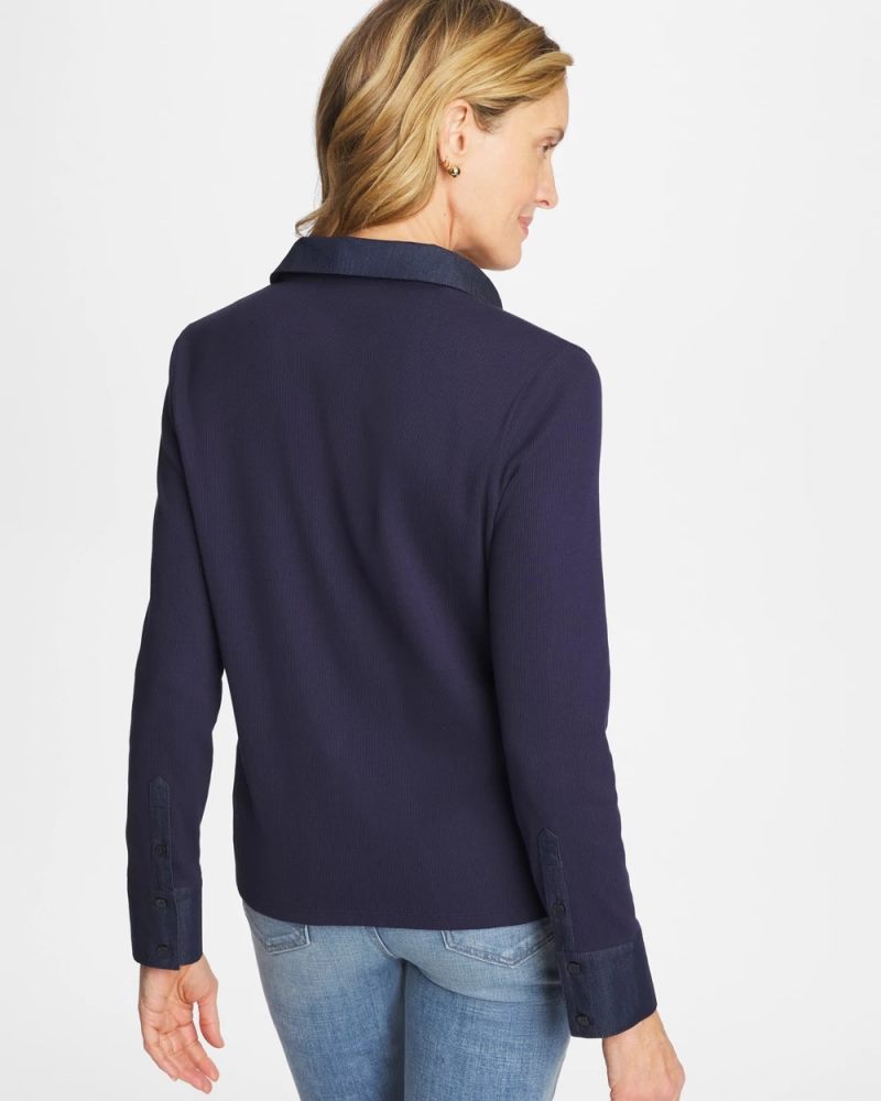 Chicos Collared Rib Mix Henley - PASSPORT BLUE