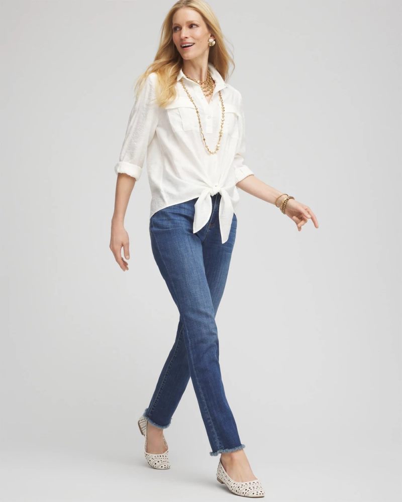 Chicos Textured Tie-Front Pullover Top - ECRU