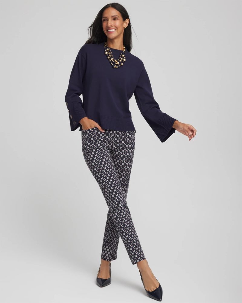 Chicos Button Sleeve Crewneck Pullover - PASSPORT BLUE