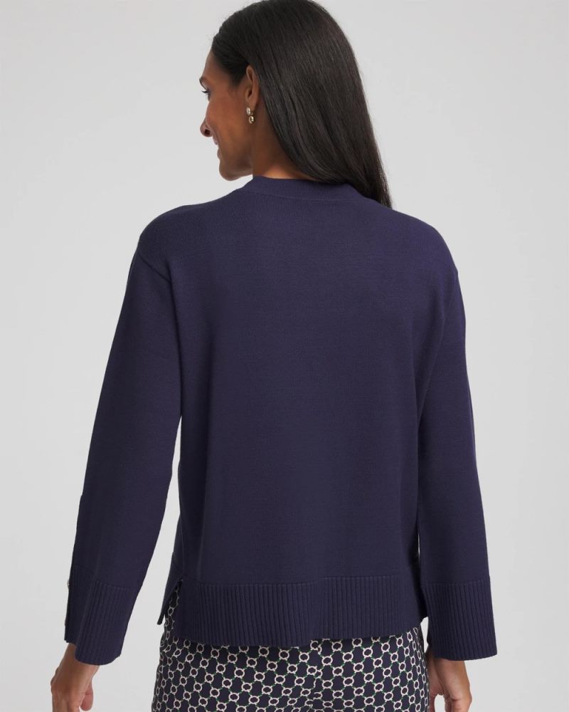 Chicos Button Sleeve Crewneck Pullover - PASSPORT BLUE