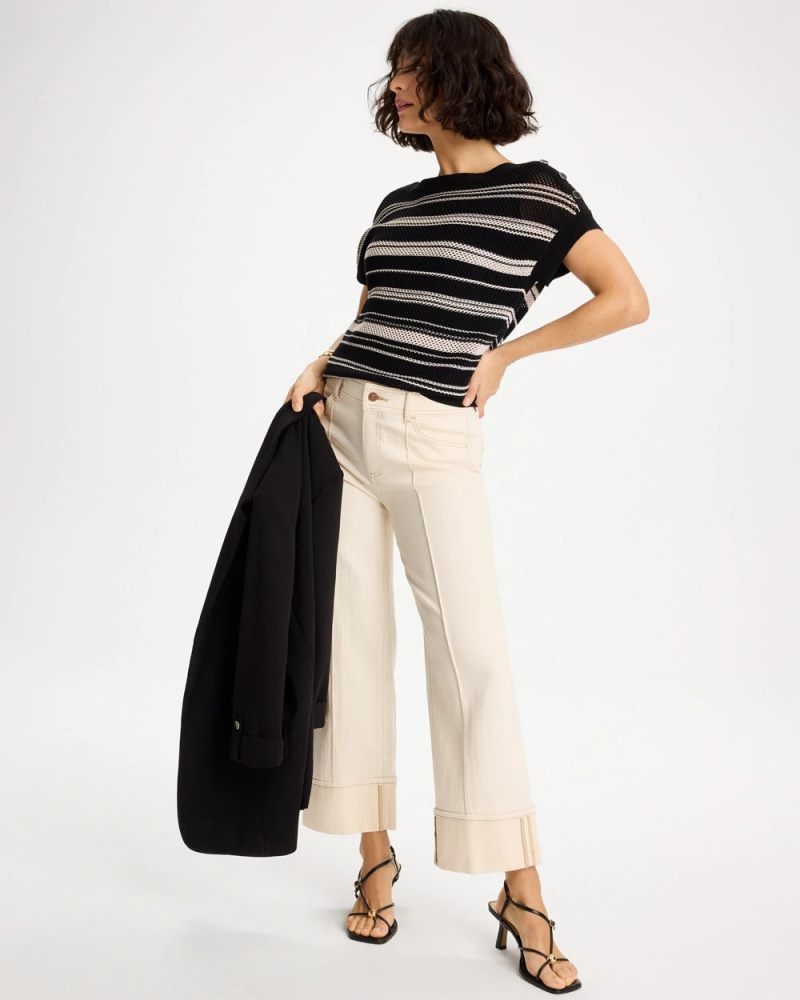 Chicos Striped Mesh Stitch Pullover Sweater - BLACK