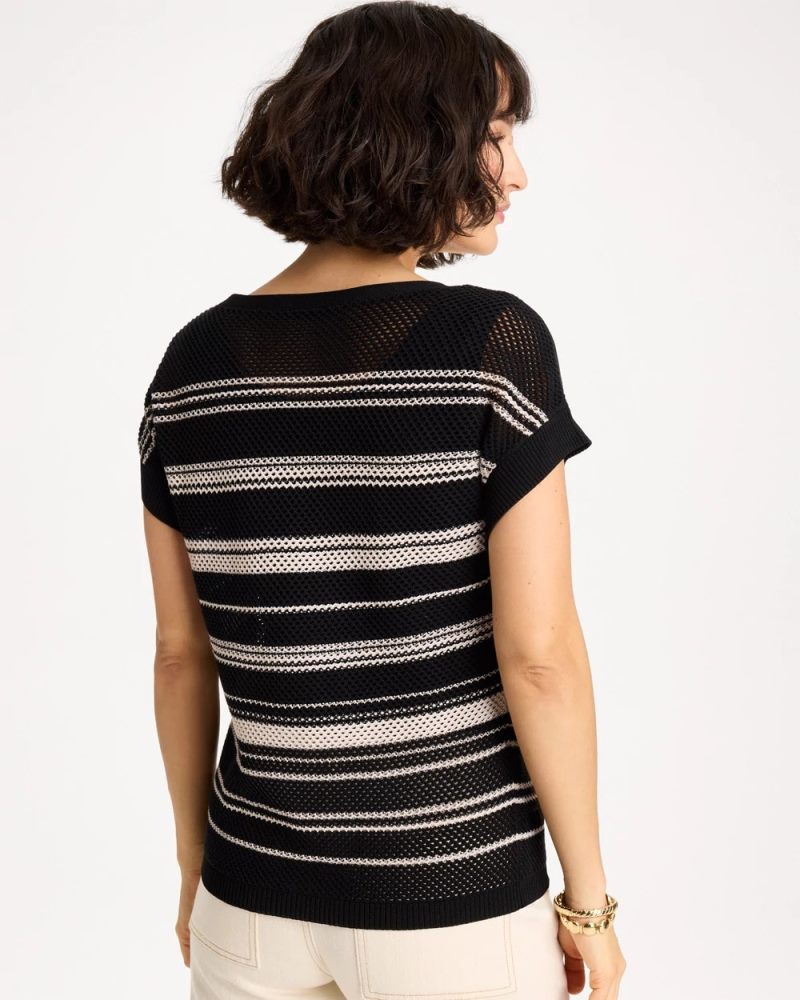 Chicos Striped Mesh Stitch Pullover Sweater - BLACK