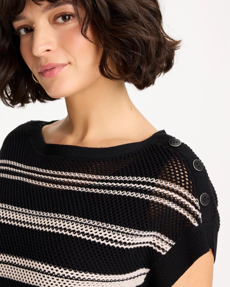Chicos Striped Mesh Stitch Pullover Sweater - BLACK