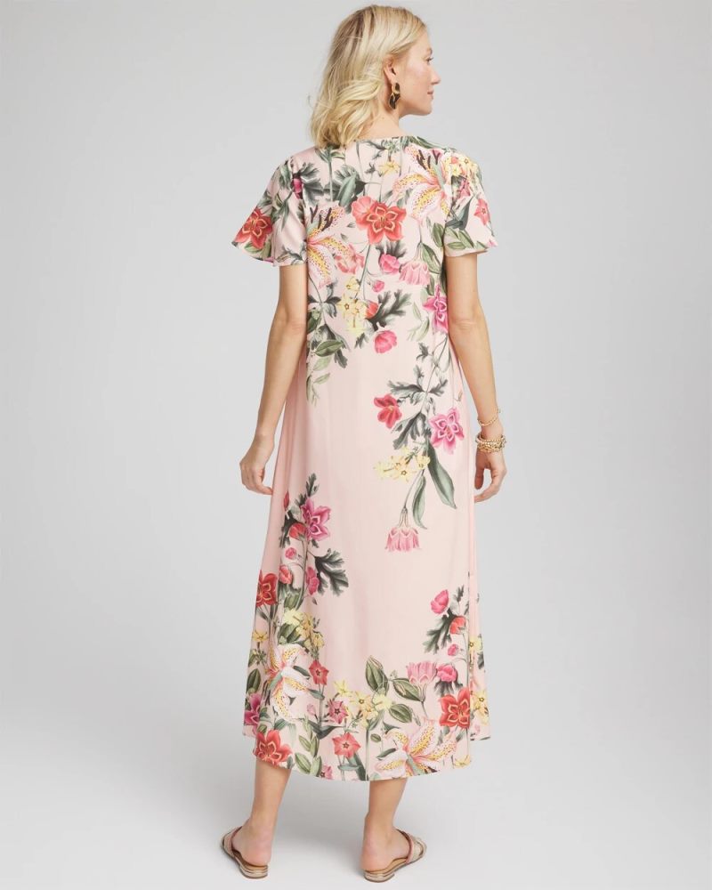 Chicos Floral Satin Maxi Dress - CORAL BLOSSOM