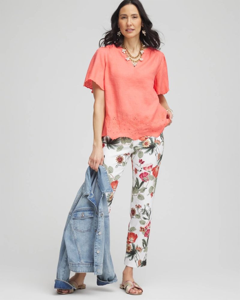 Chicos Linen Embroidered Hem Blouse - MELON MAMBO