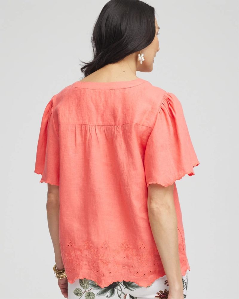 Chicos Linen Embroidered Hem Blouse - MELON MAMBO