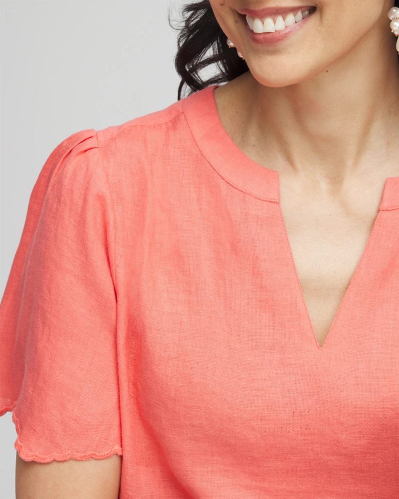 Chicos Linen Embroidered Hem Blouse - MELON MAMBO