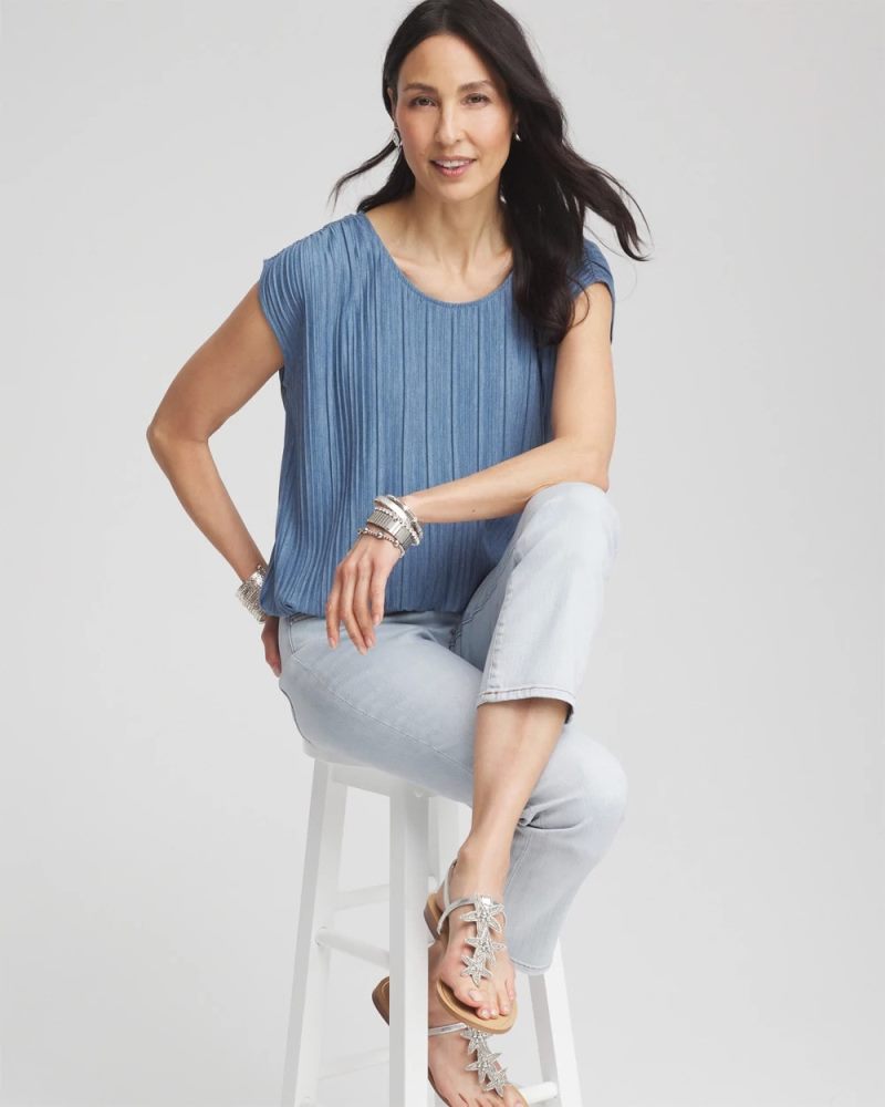 Chicos Melange Pleated Bubble-Hem Top - INDIGO