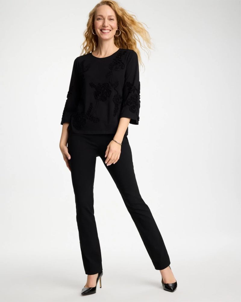 Chicos Soutache Elbow Sleeve Tee - BLACK
