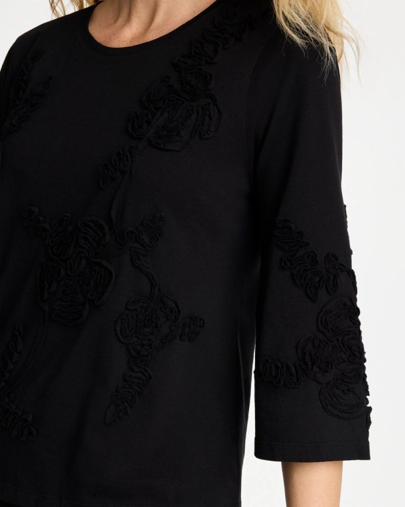 Chicos Soutache Elbow Sleeve Tee - BLACK