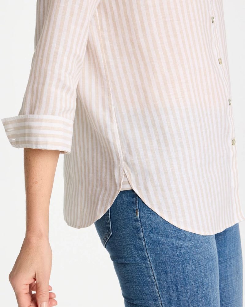 Chicos No Iron Striped Linen Shirt - OATMEAL