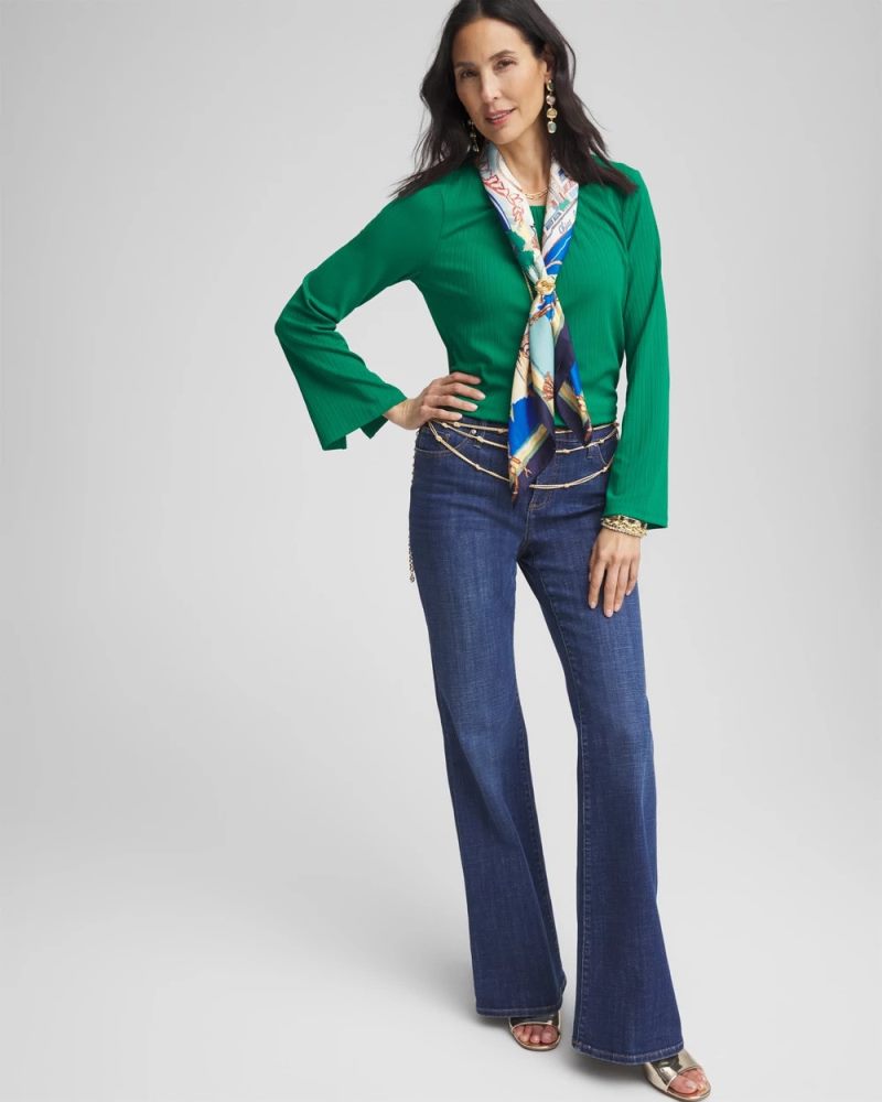 Chicos Ribbed Ruched-Neck Top - IVY LEAGUE