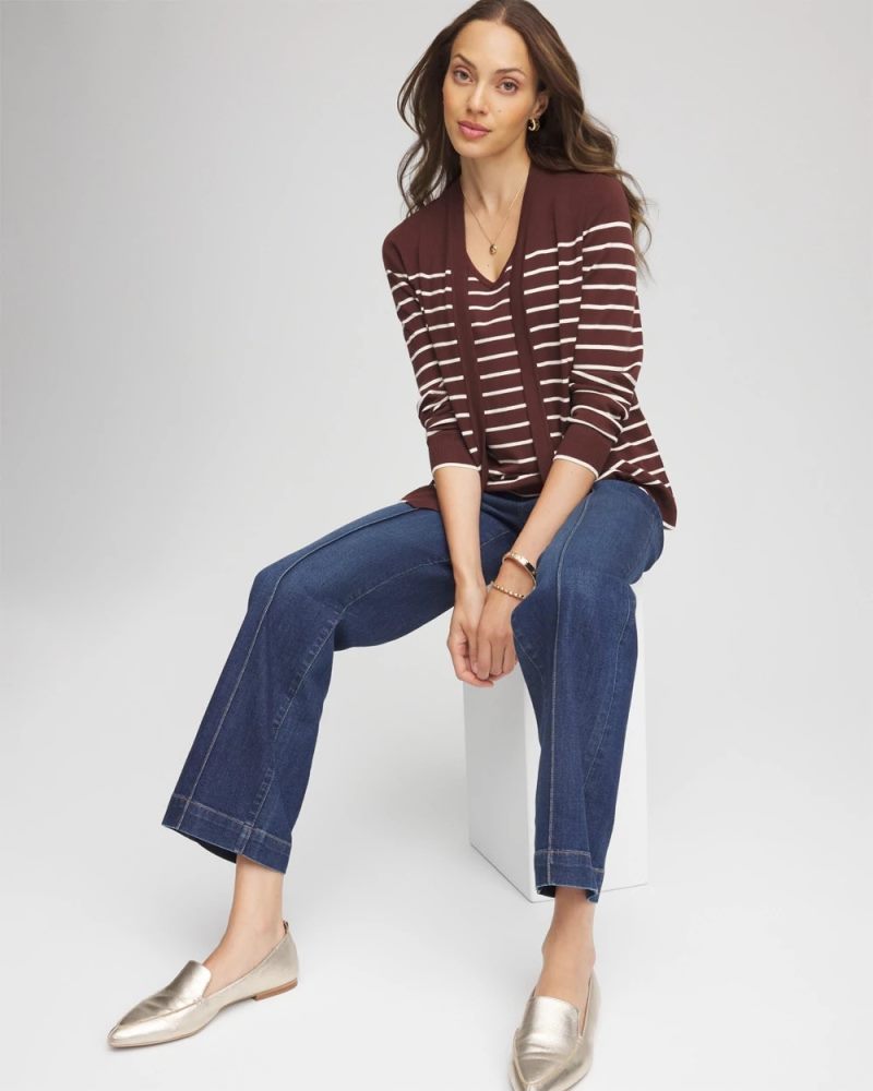 Chicos Ella Striped Long-Sleeve Cardigan - CACAO