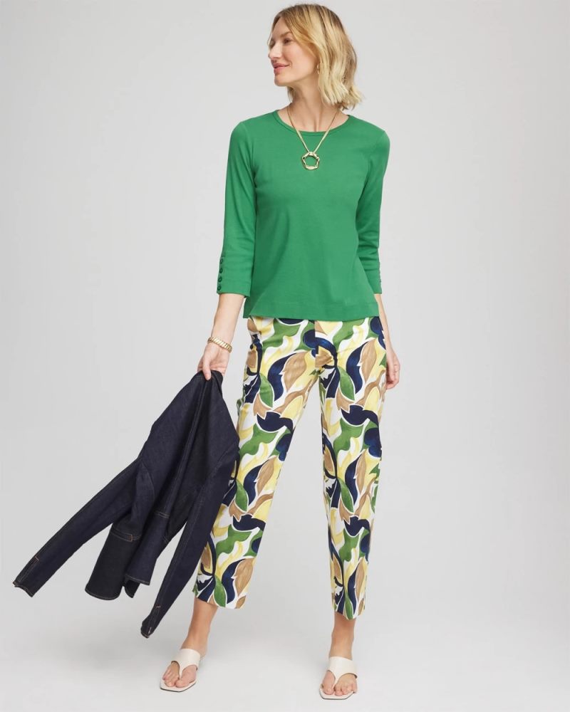Chicos Pima Cotton Crewneck Button Tee - JARDIN GREEN