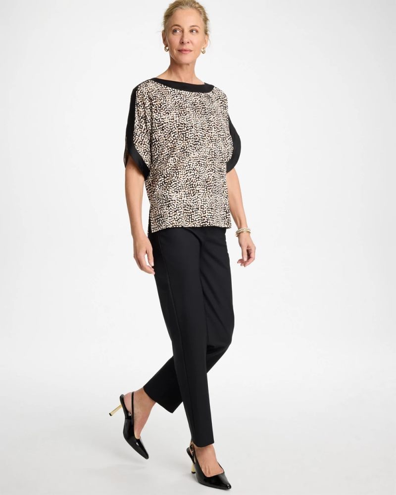 Chicos Printed Jersey & Satin Dolman Tee - CATTAIL BROWN