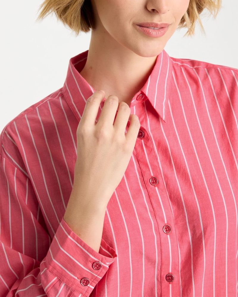 Chicos Cotton Voile Collared Striped Shirt - CALYPSO CORAL