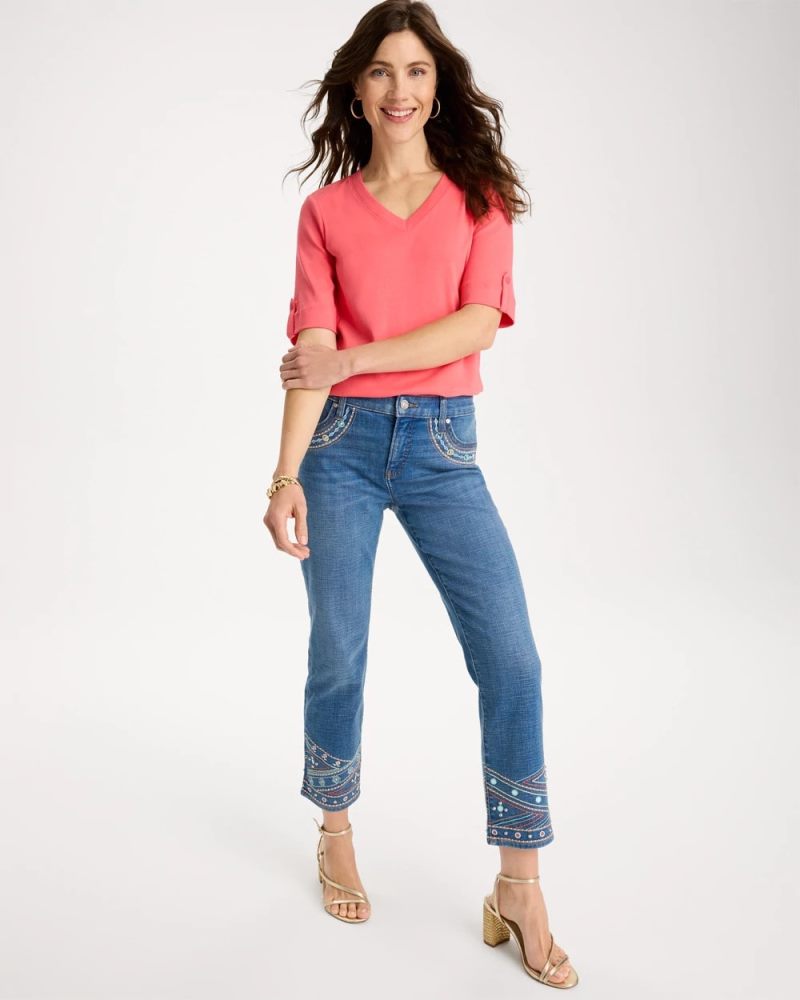 Chicos Girlfriend Slim Embellished Crop Jeans - FREYA INDIGO