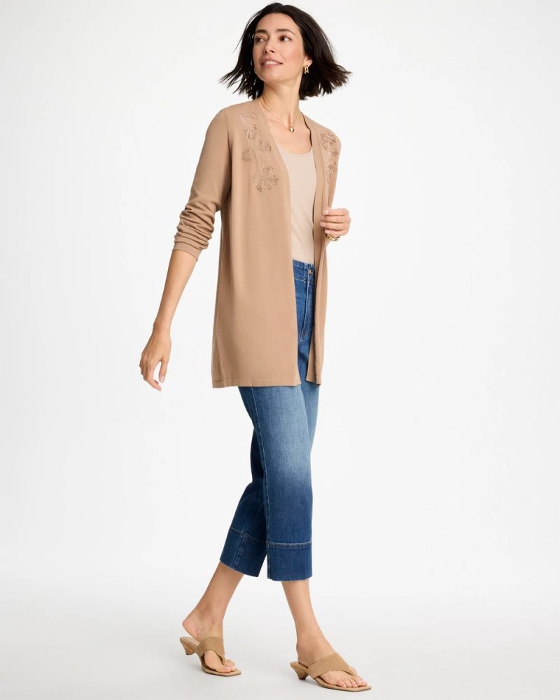 Chicos Floral Embroidered Cardigan - CATTAIL BROWN