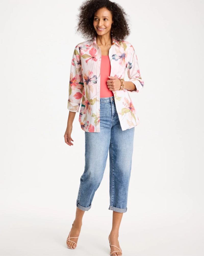 Chicos No Iron Stretch Croix Collage Shirt - CALYPSO CORAL