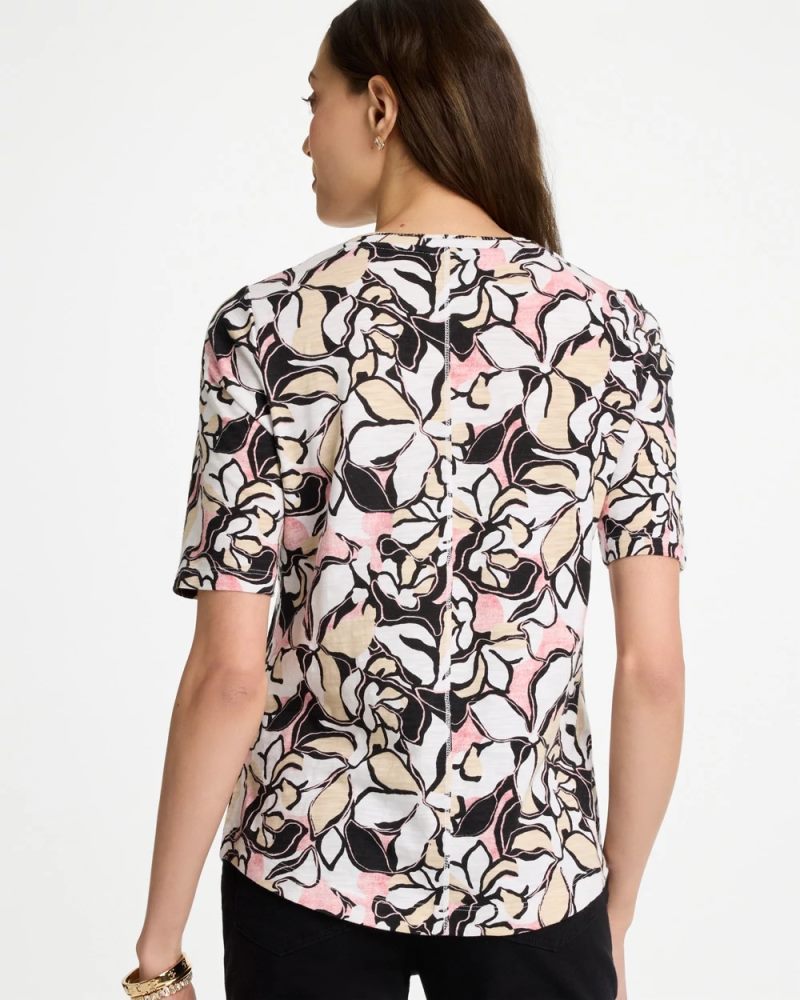 Chicos Printed Cotton Slub V-Neck Tee - BLACK