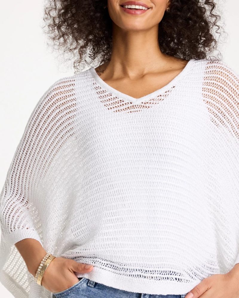 Chicos V-Neck Metallic Knit Poncho - ALABASTER