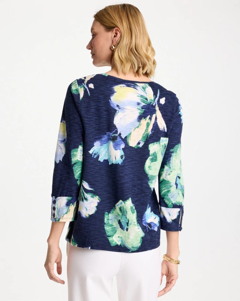 Chicos Printed Slub Button Detail Tee - PASSPORT BLUE